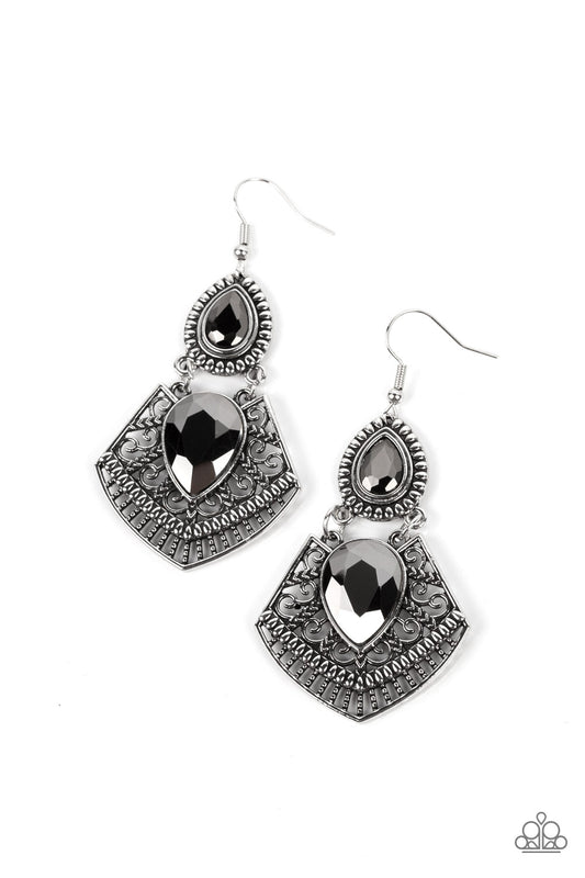 Royal Remix - Silver Intricate Pattern Frame & Hematite Gem Paparazzi Earrings