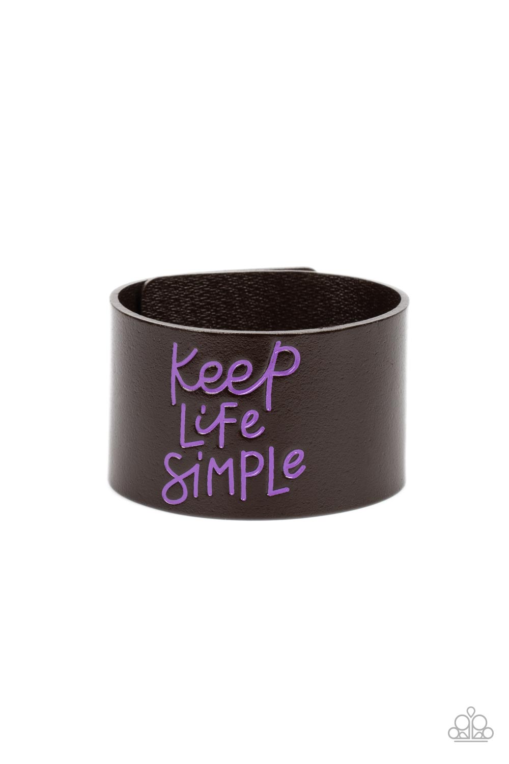 Simply Stunning - Purple Stamped "Keep Life Simple" Brown Leather Paparazzi Snap Bracelet