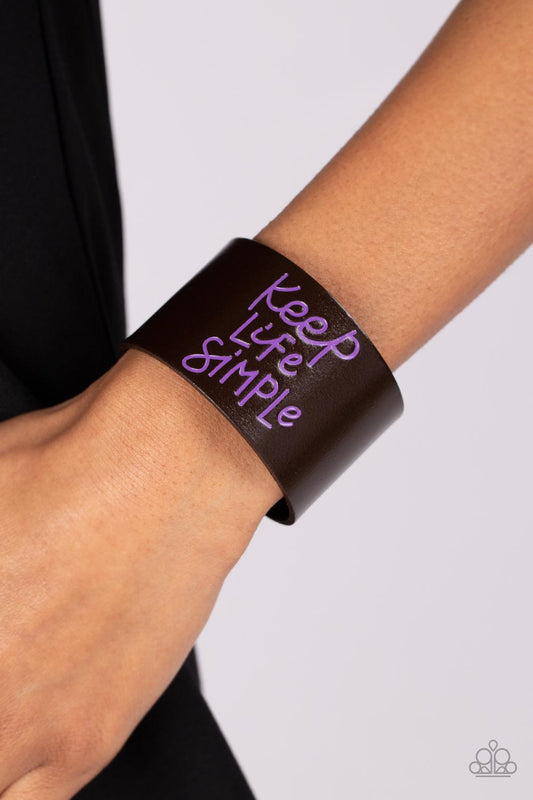 Simply Stunning - Purple Stamped "Keep Life Simple" Brown Leather Paparazzi Snap Bracelet