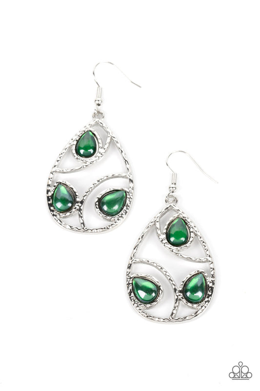 Send the BRIGHT Message - Green Teardrop Beads/Airy Silver Teardrop Frame Paparazzi Earrings