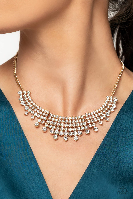 Shimmering Song - Gold Layers & Multi-Sized White Rhinestone Paparazzi Necklace & matching earrings