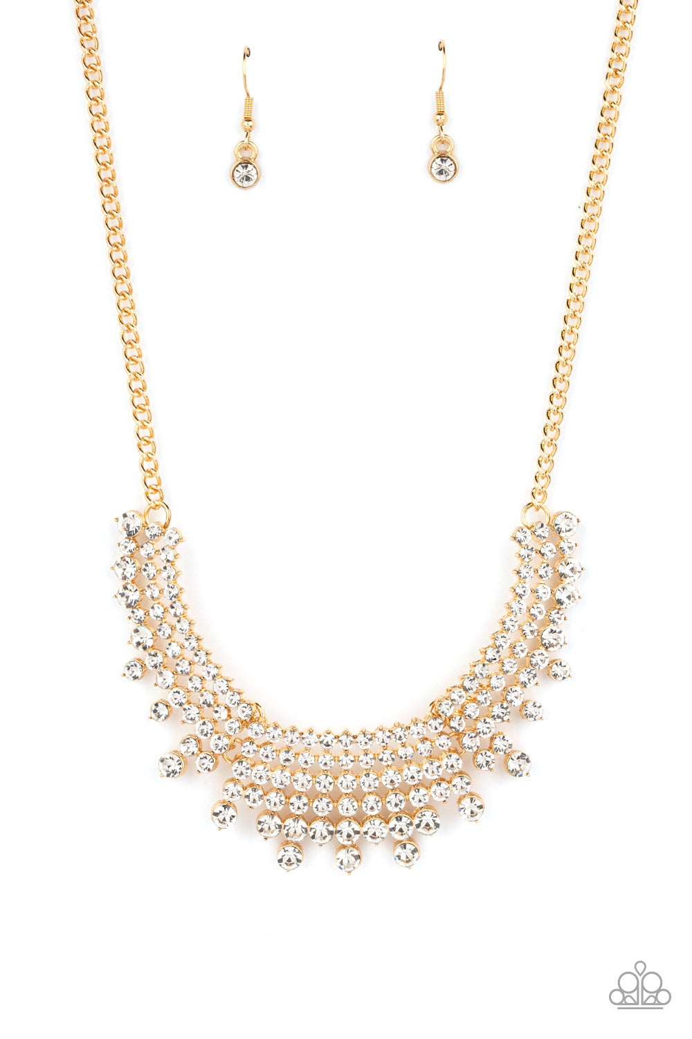 Shimmering Song - Gold Layers & Multi-Sized White Rhinestone Paparazzi Necklace & matching earrings