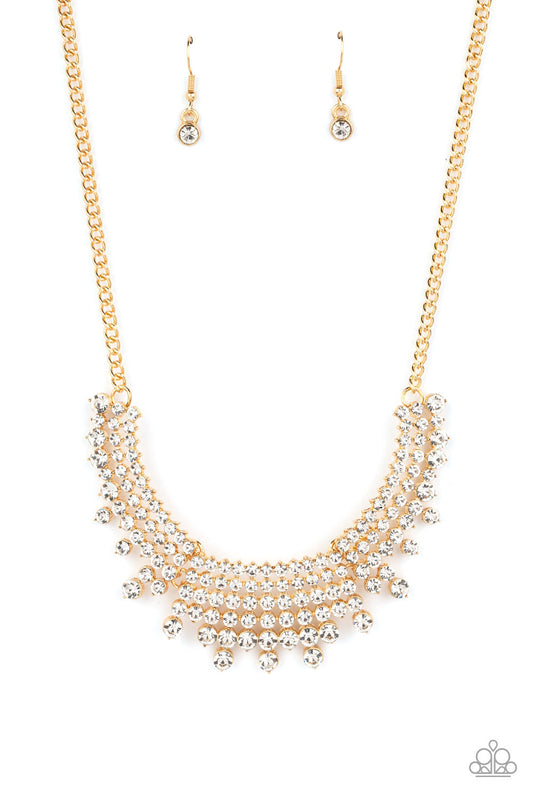 Shimmering Song - Gold Layers & Multi-Sized White Rhinestone Paparazzi Necklace & matching earrings