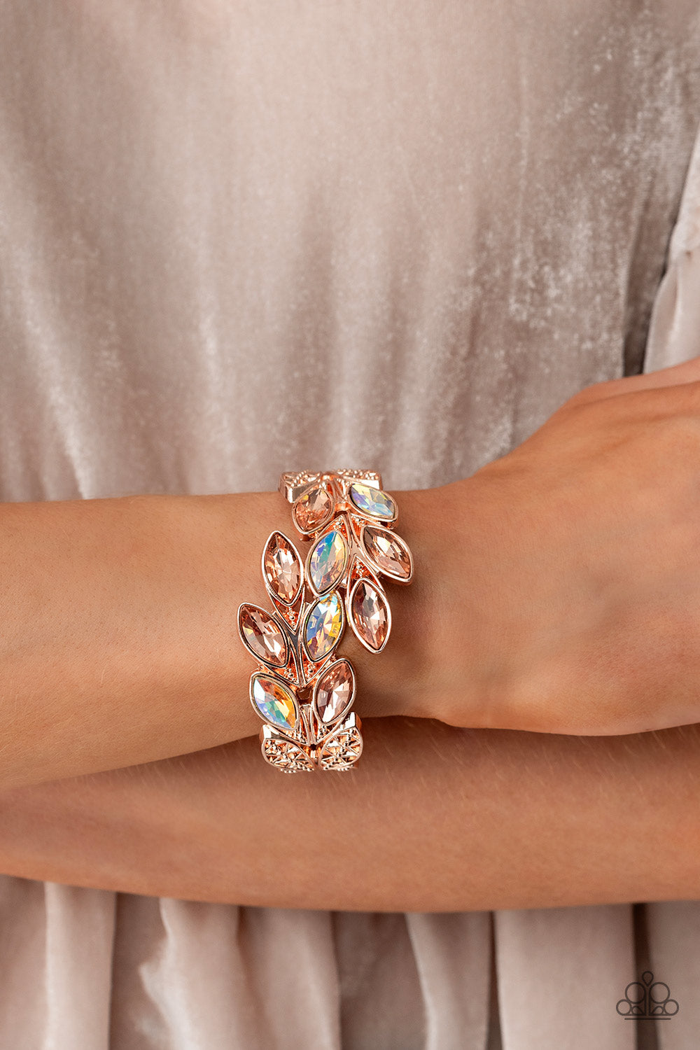 Luminous Laurels - Rose Gold Filigree & Rose Gold Gems Paparazzi Hinge Bracelet