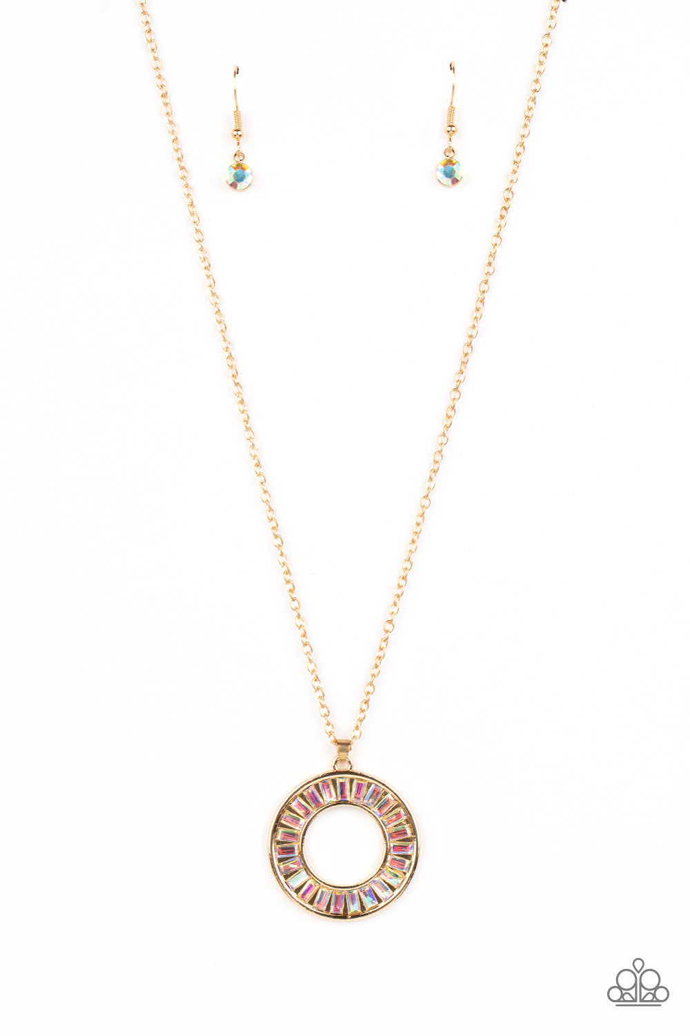 Clique Couture - Gold Circular Frame/Iridescent Rhinestone Pendant Paparazzi Necklace & matching earrings