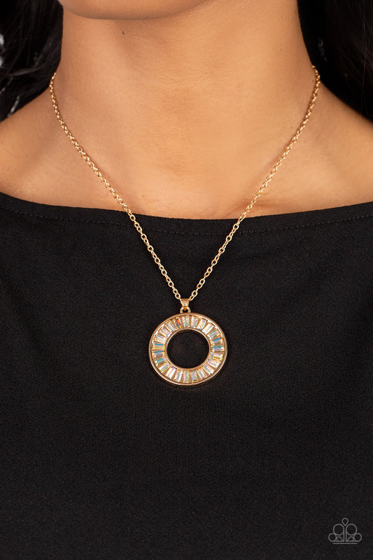 Clique Couture - Gold Circular Frame/Iridescent Rhinestone Pendant Paparazzi Necklace & matching earrings