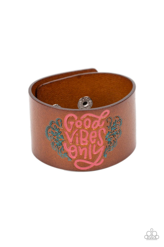 Easy Energy - Pink "Good Vibes Only" Stamped Brown Leather Paparazzi Snap Bracelet