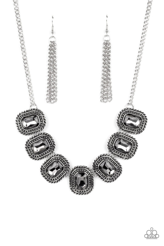 Iced Iron - Silver Chain-Like Frames & Hematite Rhinestone Paparazzi Necklace & matching earrings