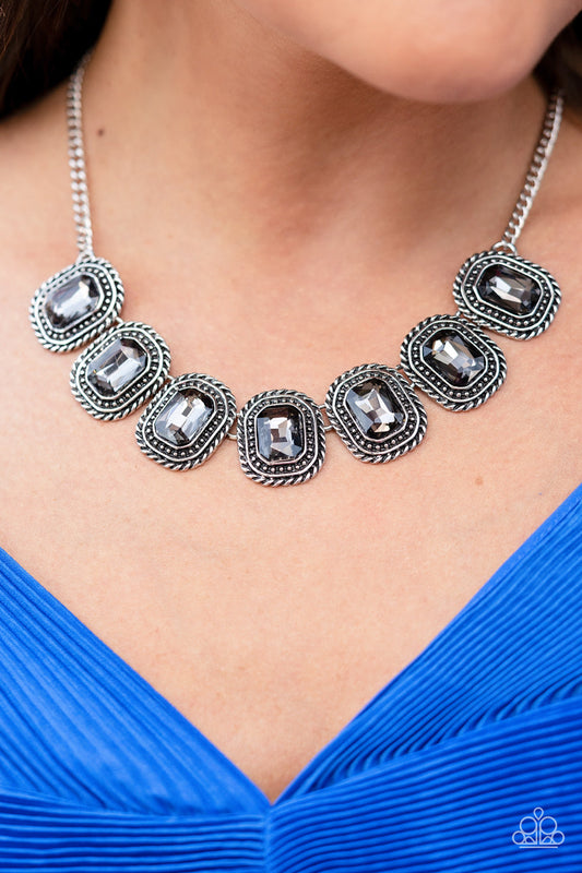 Iced Iron - Silver Chain-Like Frames & Hematite Rhinestone Paparazzi Necklace & matching earrings