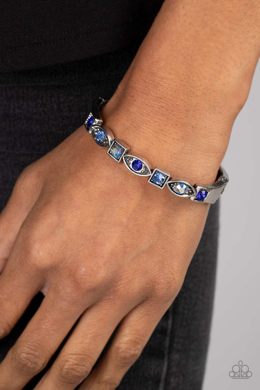 Poetically Picturesque - Blue Square & Marquise Shaped Rhinestone Paparazzi Hinge Bracelet