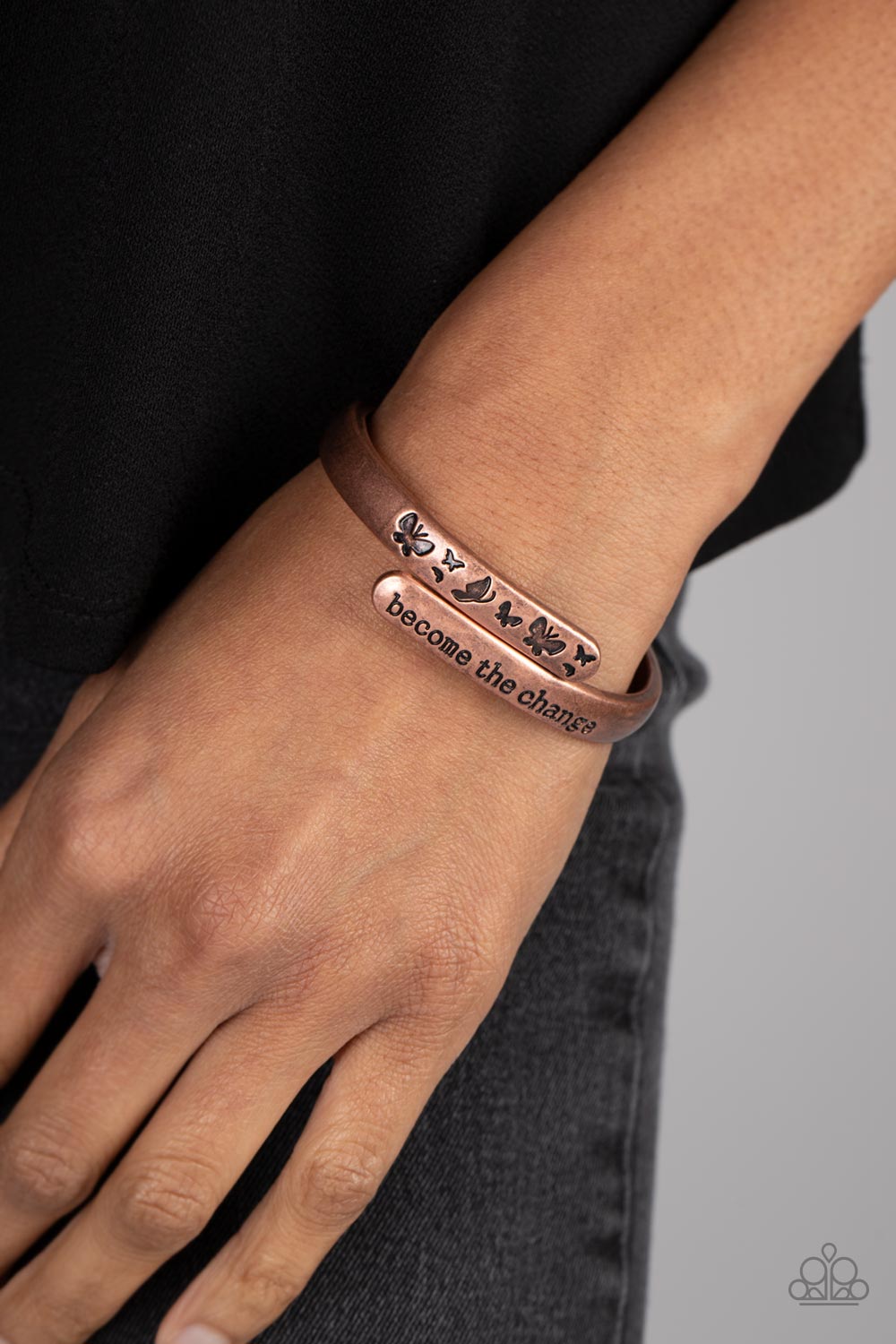 WINGS of Change - Copper Antiqued "become the change" Stamped Paparazzi Hinge Bracelet