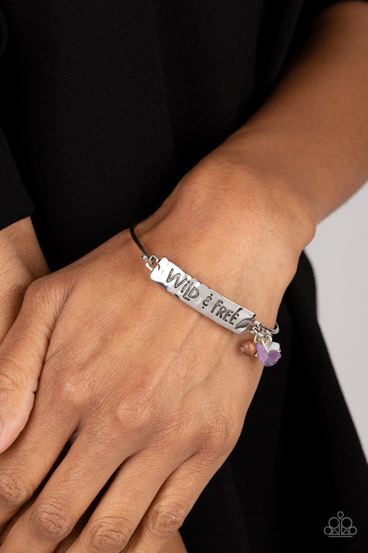 Fearless Fashionista - Purple Stones & "Wild & Free" Stamped Plate Paparazzi Hinge Bracelet