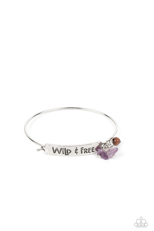 Fearless Fashionista - Purple Stones & "Wild & Free" Stamped Plate Paparazzi Hinge Bracelet