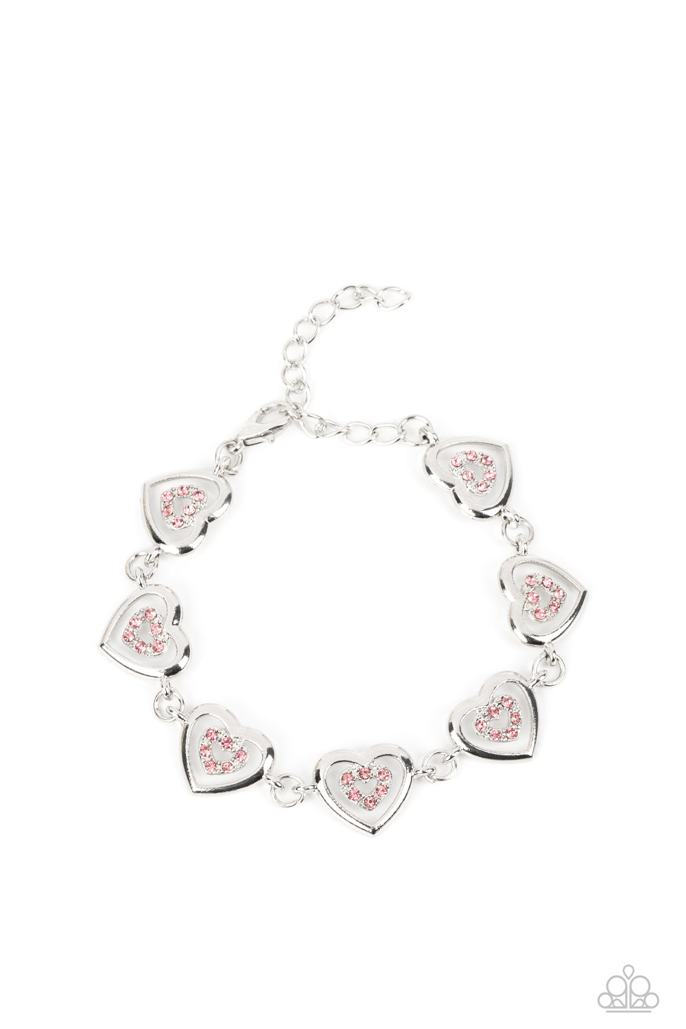 Catching Feelings - Pink Rhinestones & Silver Heart Silhouettes Paparazzi Adjustable Bracelet