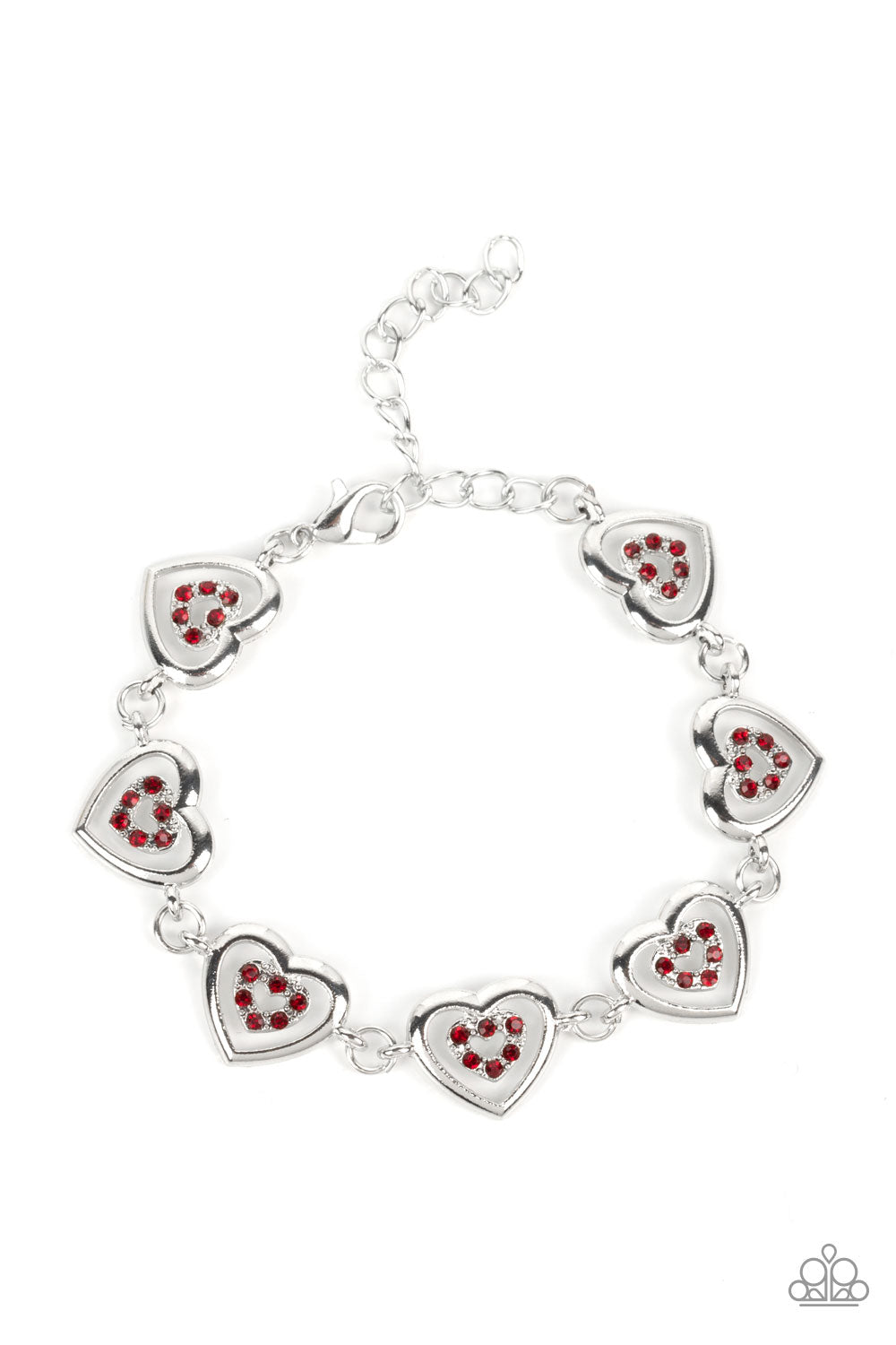 Catching Feelings - Red Rhinestone & Silver Heart Paparazzi Adjustable Bracelet