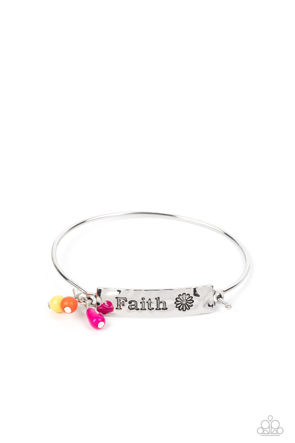 Flirting with Faith - Pink, Orange, & Yellow Beads/"Faith" Stamped Plate Paparazzi Cuff Bracelet