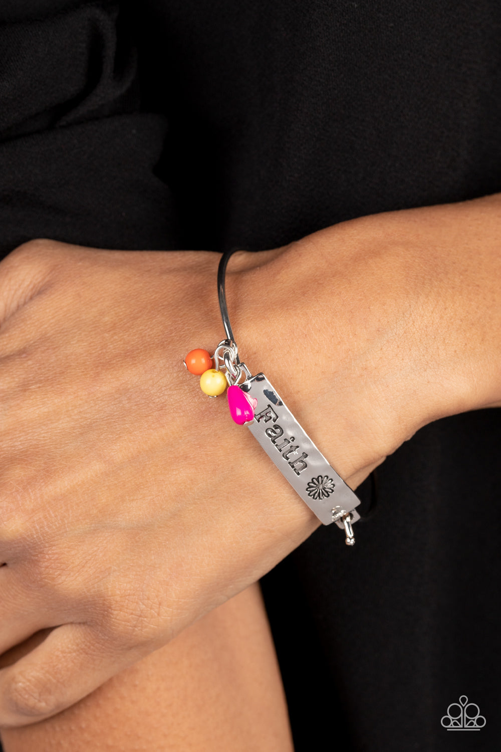 Flirting with Faith - Pink, Orange, & Yellow Beads/"Faith" Stamped Plate Paparazzi Cuff Bracelet