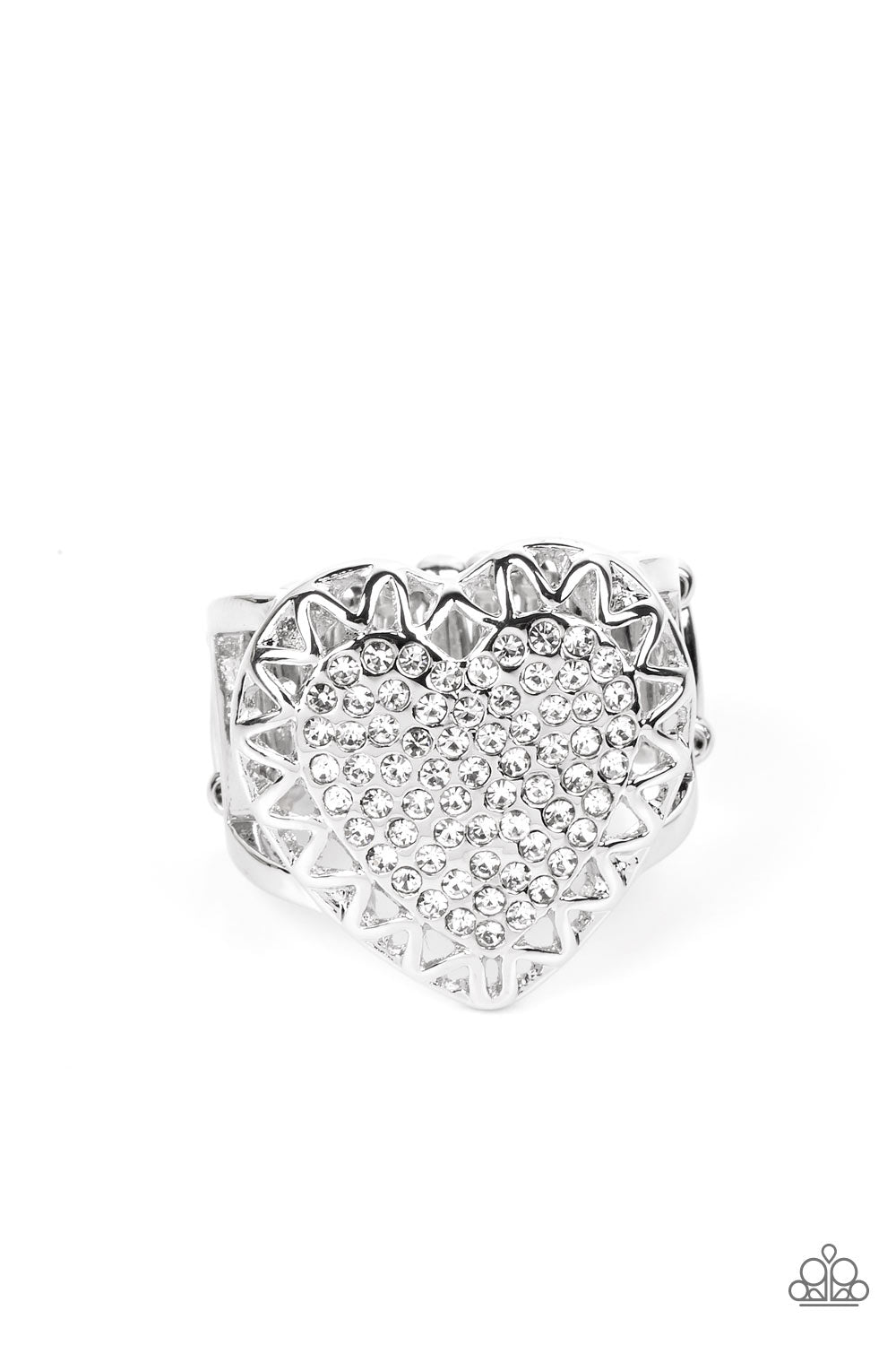 Romantic Escape - White Rhinestone Heart Paparazzi Ring