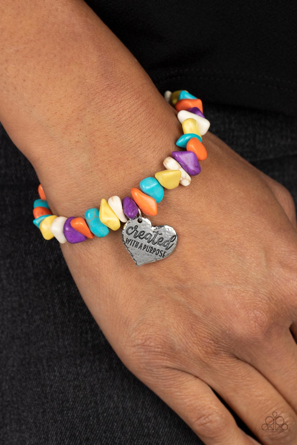 Stony-Hearted - Multi Stone & Silver Heart "Created with a purpose" Charm Paparazzi Stretch Bracelet