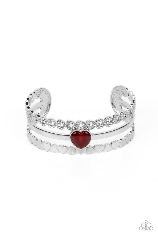 You Win My Heart - Red Cat's Eye Heart, Silver Hearts, & White Rhinestone Heart Paparazzi Cuff Bracelet