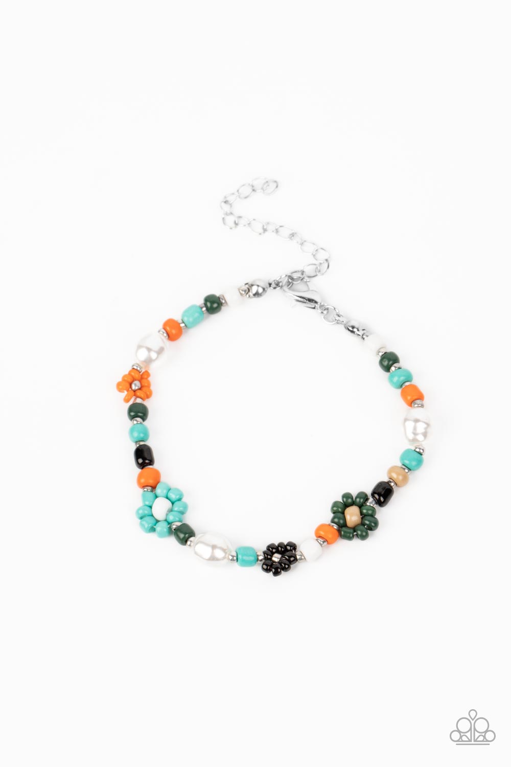 Groovy Gerberas - Blue, Orange, Green, & Black Seed Bead Flower Paparazzi Adjustable Bracelet