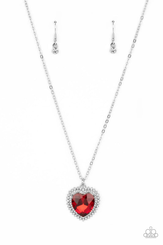 Sweethearts Stroll - Red Gem & White Rhinestone Heart Pendant Paparazzi Necklace & matching earrings