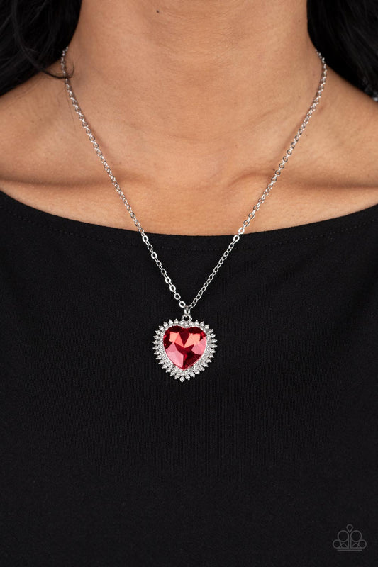 Sweethearts Stroll - Red Gem & White Rhinestone Heart Pendant Paparazzi Necklace & matching earrings