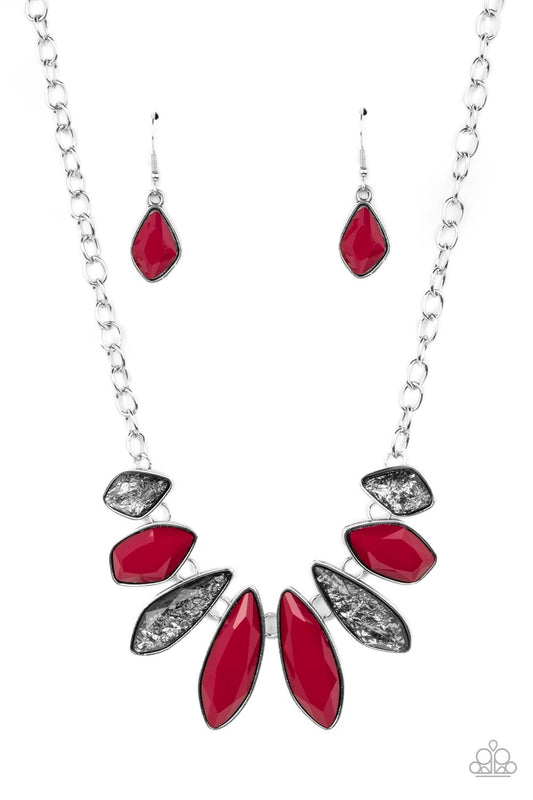 Crystallized Couture - Red & Silver Glitter Asymmetrical Frame Paparazzi Necklace & matching earrings