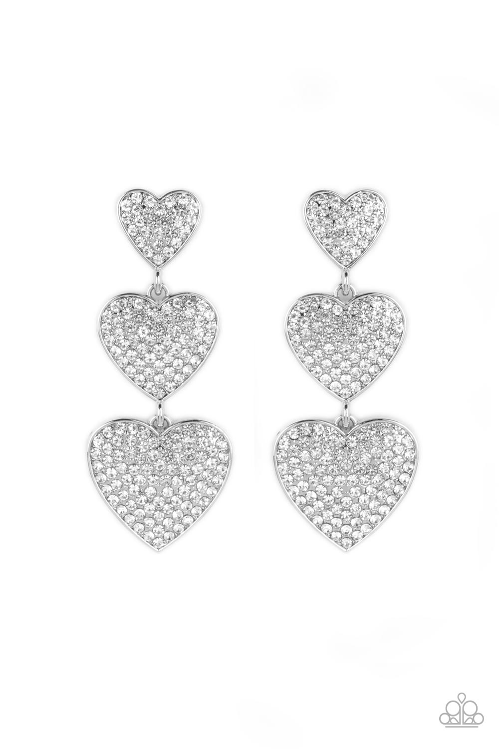 Couples Retreat - White Rhinestone Studded Silver Heart Paparazzi Earrings