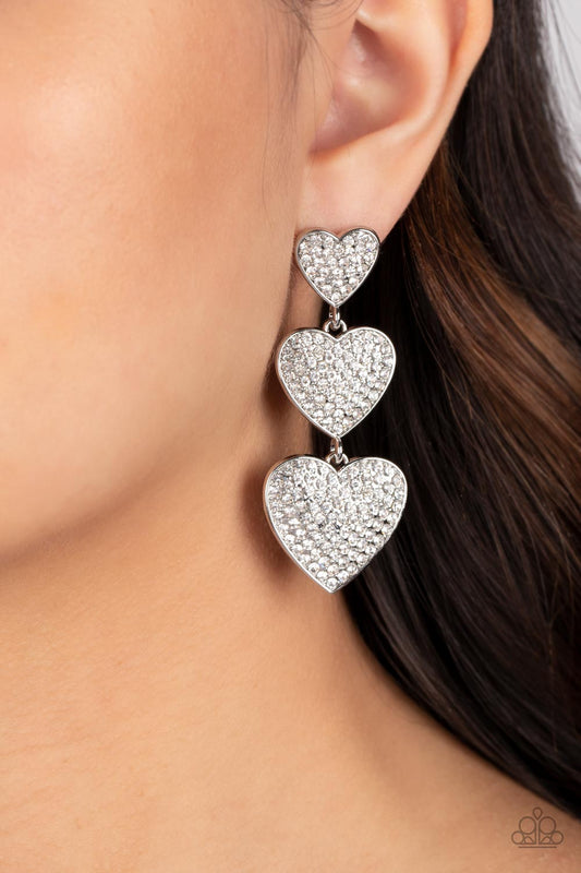 Couples Retreat - White Rhinestone Studded Silver Heart Paparazzi Earrings