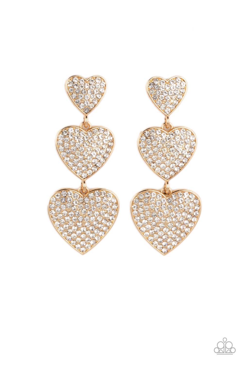 Couples Retreat - Gold Heart & White Rhinestone Heart Paparazzi Earrings