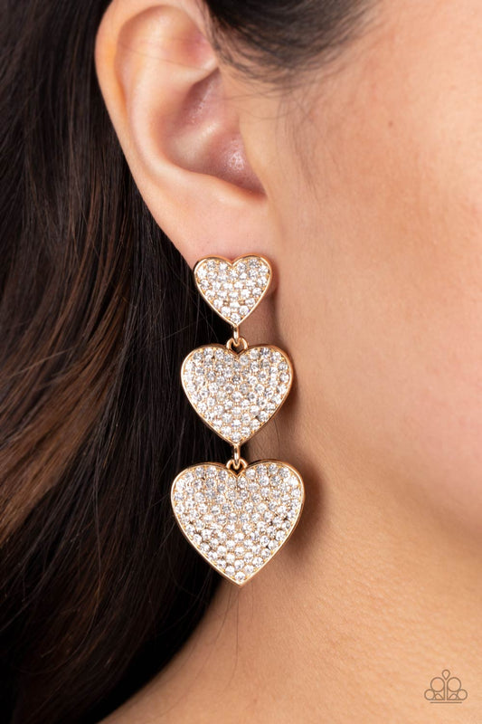Couples Retreat - Gold Heart & White Rhinestone Heart Paparazzi Earrings