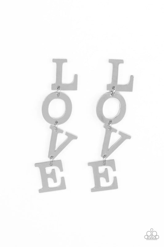 L-O-V-E - Silver "Love" Vertical Letter Paparazzi Earrings