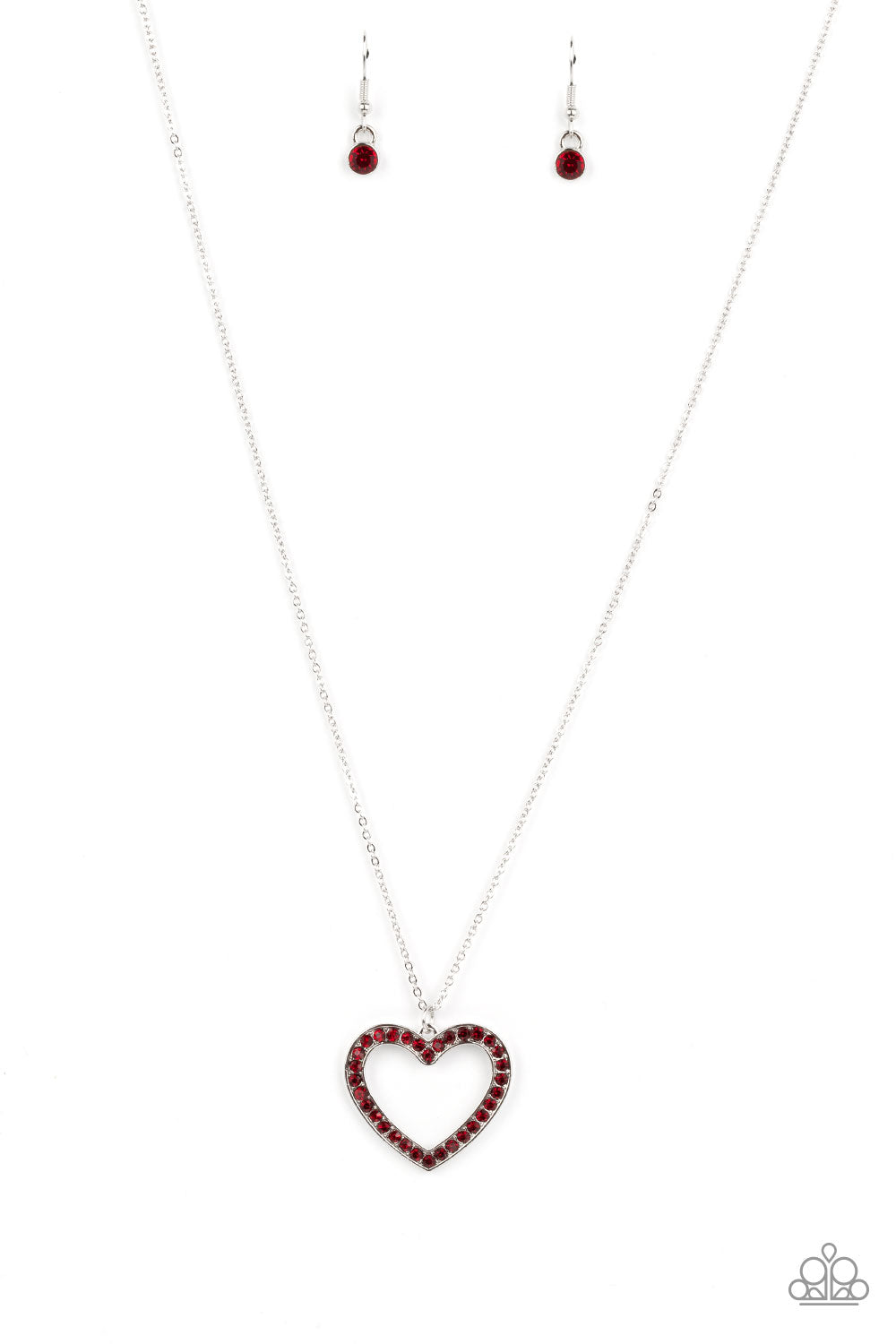 Dainty Darling - Red Rhinestone Encrusted Heart Pendant Paparazzi Necklace & matching earrings