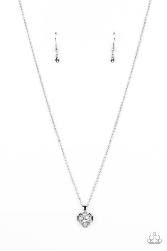 Effulgently Engaged - White Rhinestone/Silver Heart Pendant Paparazzi Necklace & matching earrings