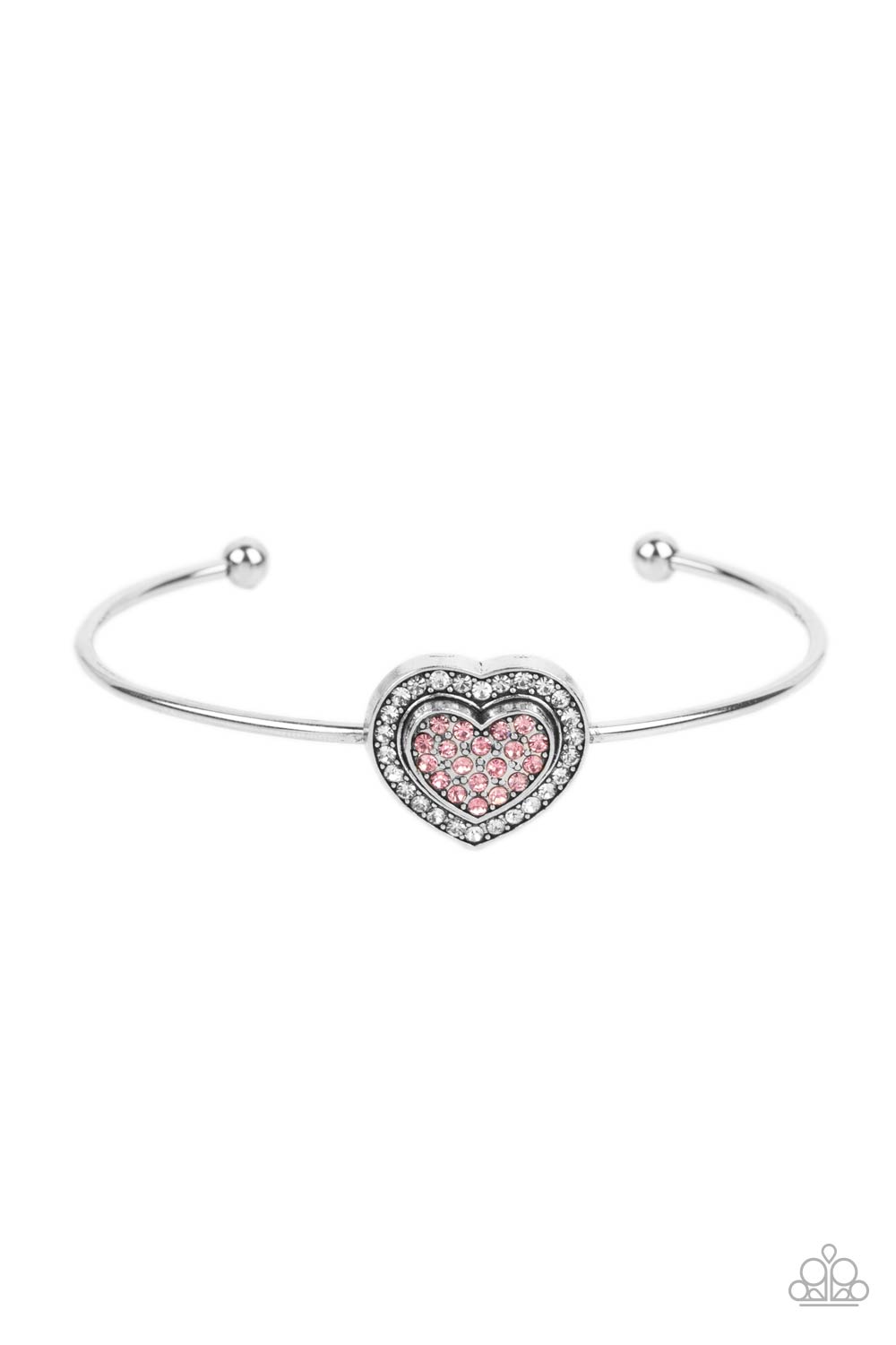 Stunning Soulmates - Pink & White Rhinestone Heart Paparazzi Cuff Bracelet