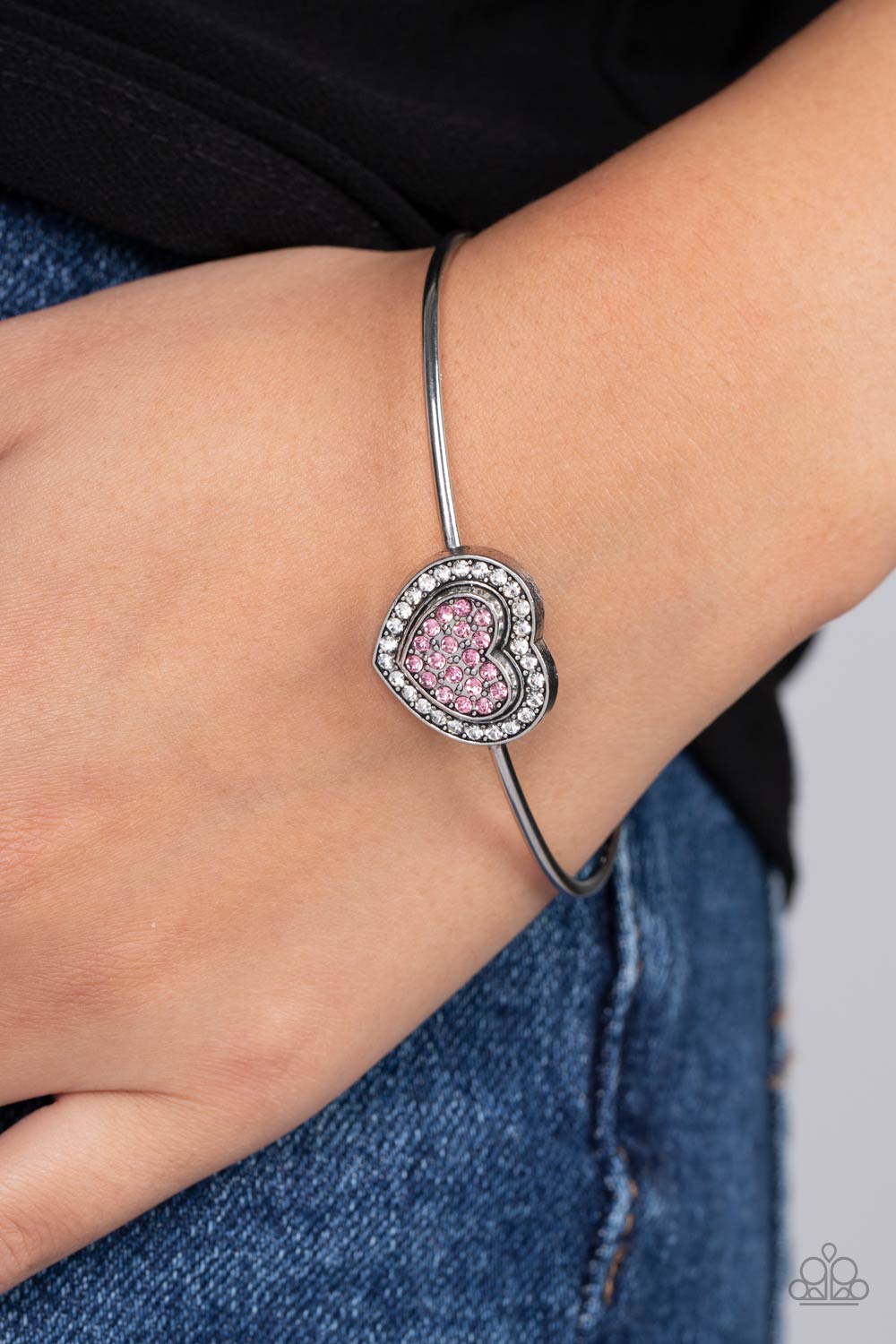 Stunning Soulmates - Pink & White Rhinestone Heart Paparazzi Cuff Bracelet