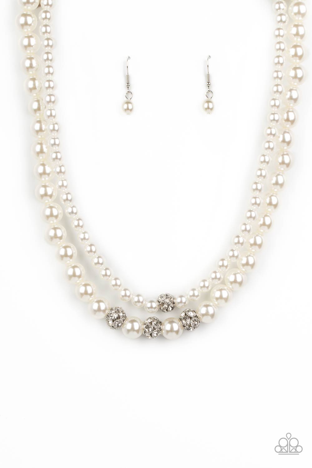 Brilliant Ballerina - White Pearls & White Rhinestone Encrusted Bead Paparazzi Necklace & matching earrings