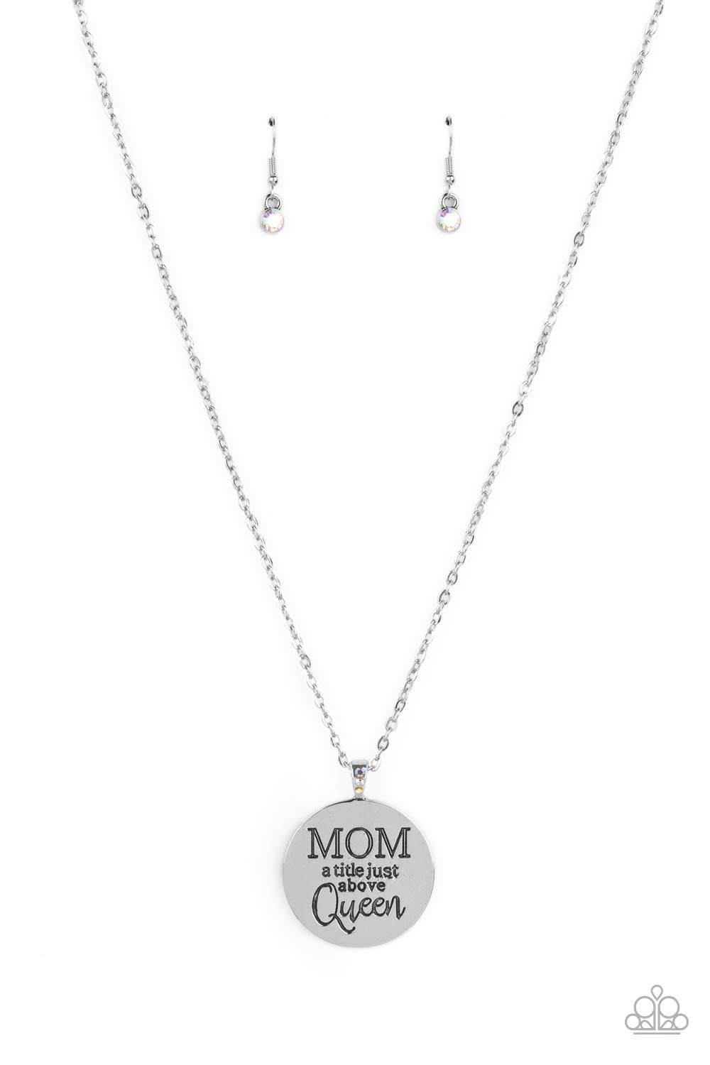 Mother Dear - Multi Iridescent Rhinestones/"MOM a title just above Queen" Pendant Paparazzi Necklace & matching earrings