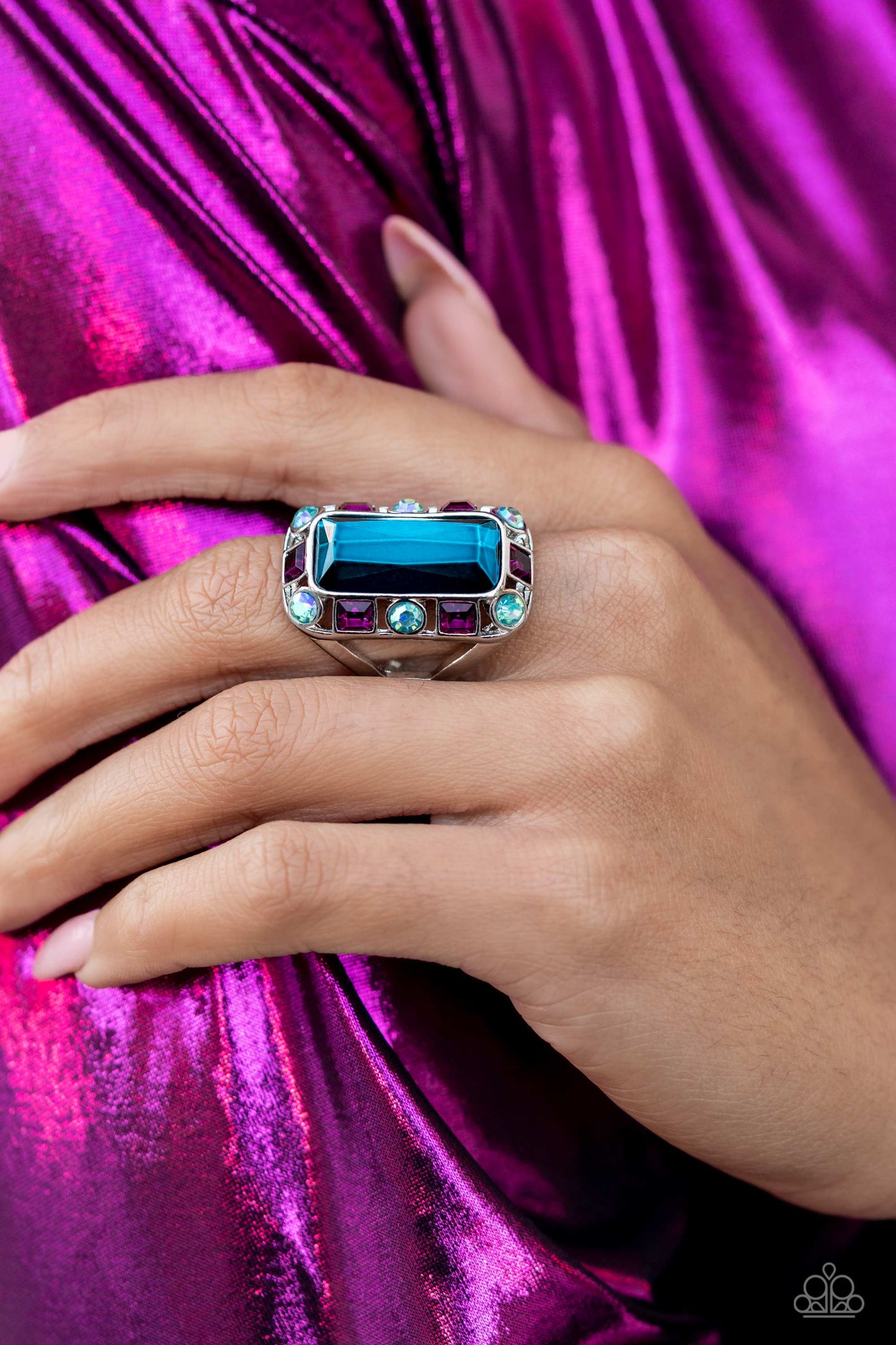 Radiant Rhinestones - Blue Oversized Gem, Iridescent Gems, & Fuchsia Gem Paparaazi Ring