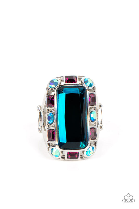 Radiant Rhinestones - Blue Oversized Gem, Iridescent Gems, & Fuchsia Gem Paparaazi Ring