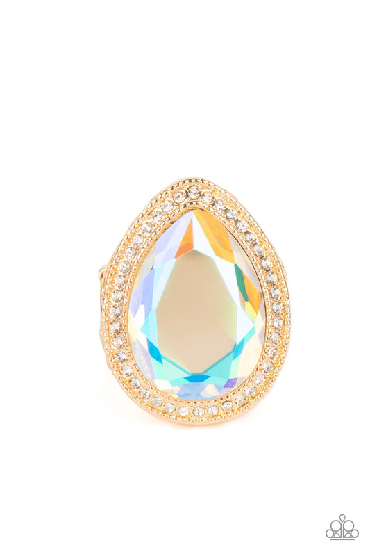 Illuminated Icon - Gold Teardrop Frame & Oversized Iridescent Gem Paparazzi Ring