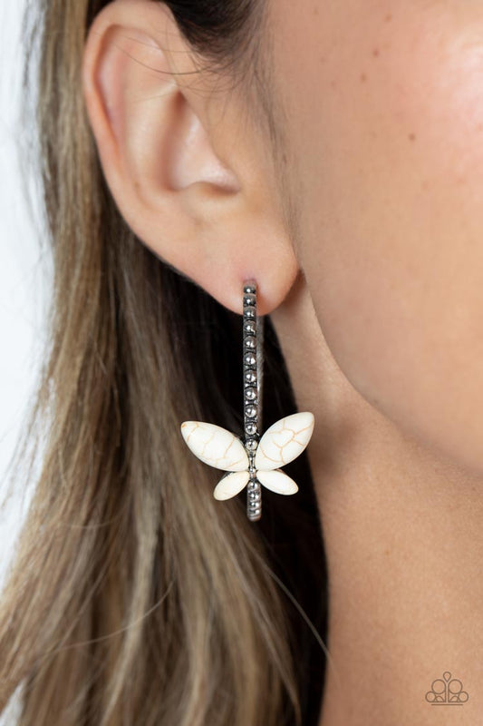 Bohemian Butterfly - White Stone Butterfly Paparazzi Hoop Earrings