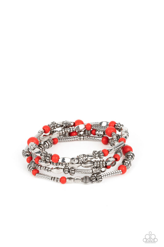 Jungle Jubilee - Red Wooden Beads/Silver Accents Paparazzi Stretch Bracelets