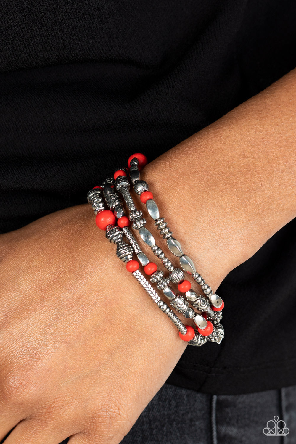 Jungle Jubilee - Red Wooden Beads/Silver Accents Paparazzi Stretch Bracelets