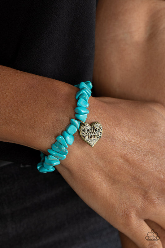 Stony-Hearted - Brass "crested with a purpose" Heart Charm & Turquoise Stone Paparazzi Stretch Bracelet