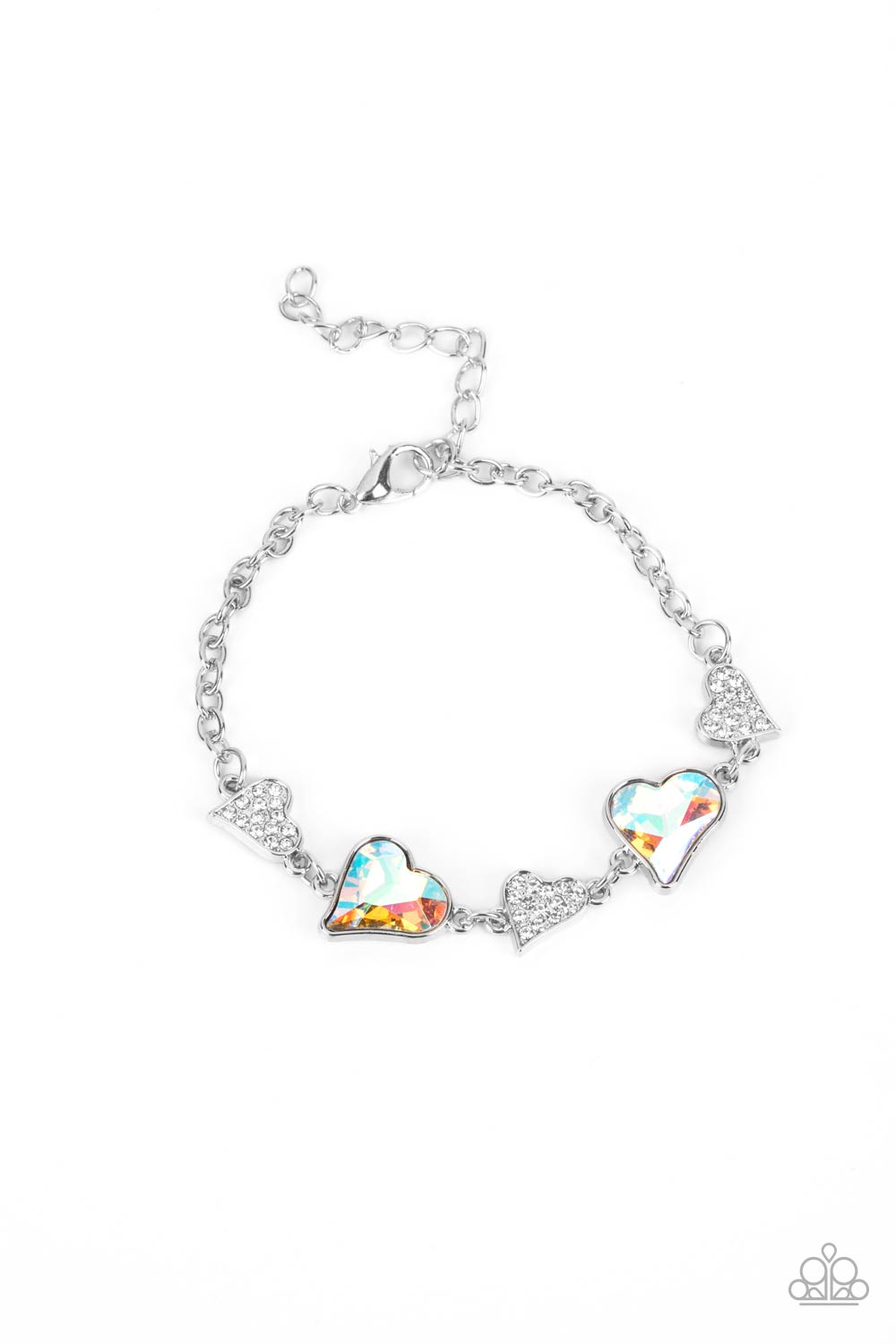 Cluelessly Crushing - Multi Iridescent Heart Gems, Silver Hearts, & White Rhinestone Paparazzi Adjustable Bracelet