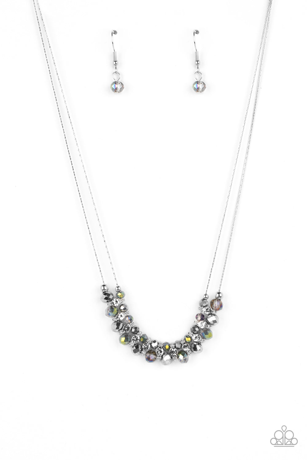 Shimmering High Society - Silver Chain/Glassy Beads/White Rhinestone Paparazzi Necklace & matching earrings