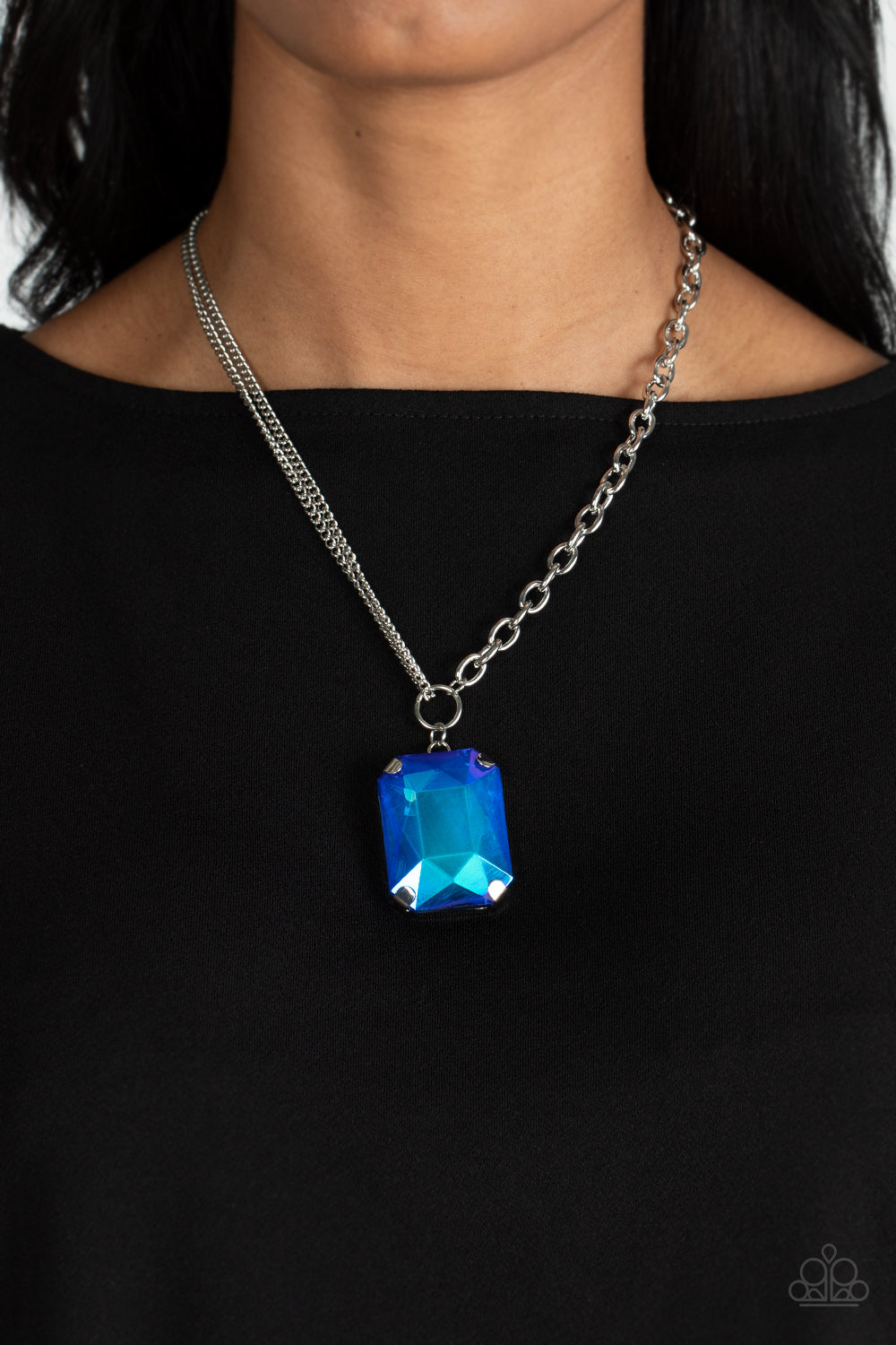 Instant Intimidation - Blue Oversized Faceted Emerald-Cut Gem Pendant Paparazzi Necklace & matching earrings