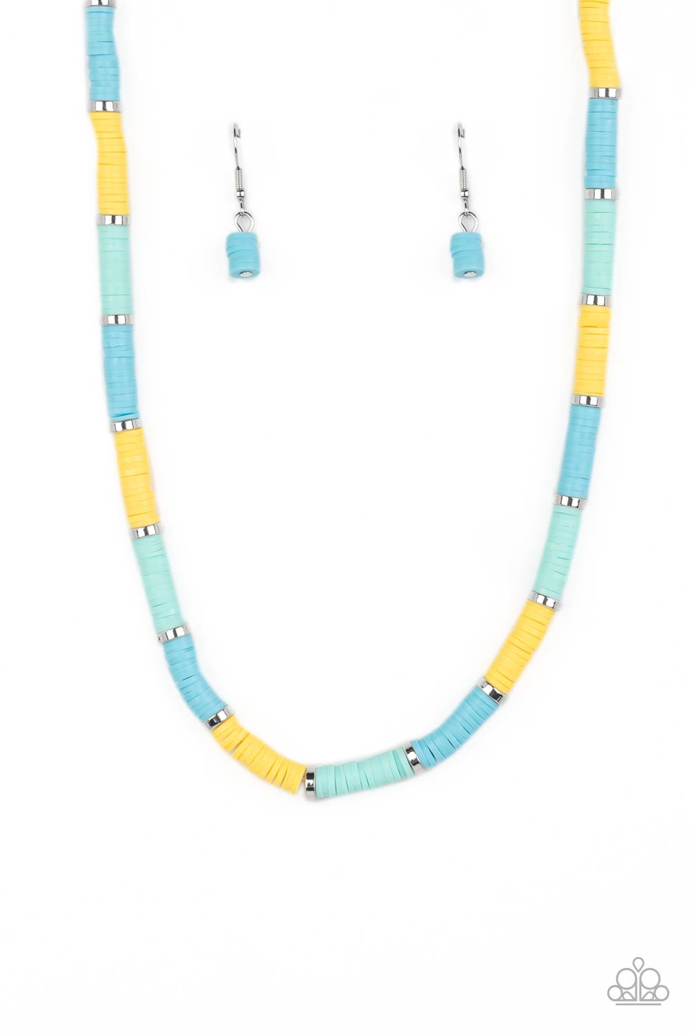 Rainbow Road - Blue, Yellow, & Turquoise Rubber Disc Paparazzi Necklace & matching earrings